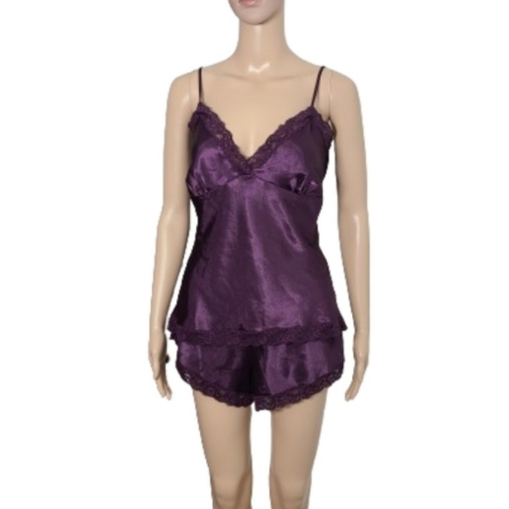 La Vie En Rose Purple Satin Cami Shorts Set Sleepwear Soft Lacey Lingerie L/XL